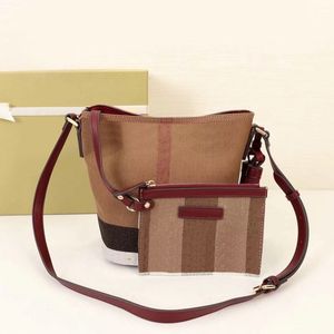 Plaid Bag Drawstring Purse Women Shoulder Cross Body Bags Canvas Cowhide Genuine Leather Bucket Purses Fashion Letters Adjustable Strap tassels Zipper Wallet