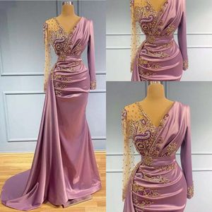 Light Purple Mermaid Evening Dresses Sheer V Neck Appliqued Beaded Ruched Long Sleeves Formal Prom Party Second Reception Special Occasion Gowns