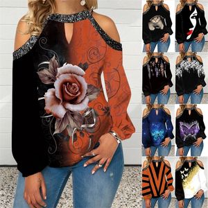 Gedruckte Elemente Frühling Damenmode Sexy Neckholder Silber Trägerlos Langarm Top Lässig Lose Übergroßes T-Shirt 220511