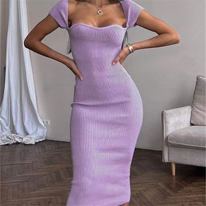 Liooil Sexy Knit Corset Dress Women Robe Short Sleeve Square Neck Purple Green Ribbed Bodycon Midi Dresses Summer Vestidos 220418