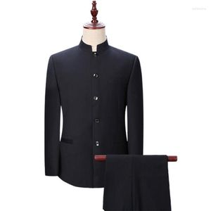 Men's Tracksuits de calças de estilo chinês Sund Stand Collar Gollar Breastted Slim Business Men Blazer Sets para Casamento 2 PCs/Setmen's