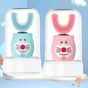 猫シリコンU字型の子供用歯ブラシの子供用UV乾燥機USB充電ベーススマートソニックチャイルド0428