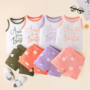 Supper Cute Infants Kids Letter Clothing Set Adorable Sleeveless Top With Bear Shorts 2pc Set For Boy And Girl 70-100cm