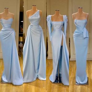 Wholesale satin maids dress for sale - Group buy 2022 African Sexy Prom Dresses Light Blue Sheath Plus Size Long Satin Split Maid Of Honor Guest Dress Mixed Styles Sweep Train Bridesmaid Party Gowns B0330Y