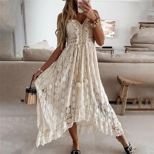 Abiti casual Senza spalline Summer Boho Maxi Dress Donna con scollo a V Nappa Pizzo bianco Sexy Bohemian Irregular Long Beach VestidosCasual