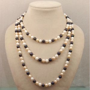 Colar de nó de amarrada à mão Natural 7-8mm White Pink Black Freshwater Pearl Chain Chain quase redondo Pearl 50 polegadas