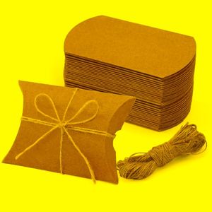 Present Wrap Kraft Paper Pillow Box Candy Foldbar With Jute Rope Jewely PackagingGift