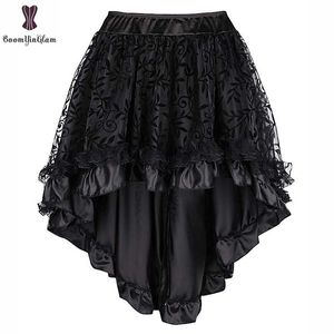 Steampunk vintage korsett kjol plus storlek 6xl svart kaffe back dragkedja stängning satin spets överlägg gotiska heta asymmetriska kjolar 210331