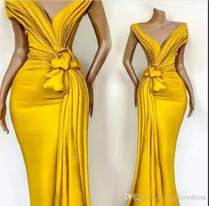 Elegant Off The Shoulder Satin Mermaid Evening Dresses 2022 Ruched Ruffles Sweep Train Formal Party Prom Dresses robes de soirée PRO232