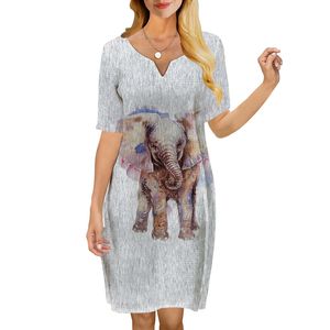 Vestido feminino bonito dos desenhos animados elefante 3d impresso vneck solto casual manga curta vestido de mudança para vestidos femininos vestido cinza 220616