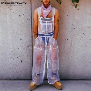 Männer Hosen Mesh Overall Transparent Einfarbig Ärmellose Streetwear Trägern Dünne Strampler Taschen Atmungsaktive Overalls INCERUN 220827