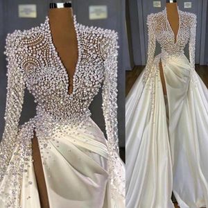 White Prom Klänningar 2021 Lyxig High Neck Beaded Elegant Deep V Neck Gown Vestido de Longo
