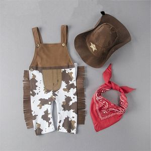 3pcs yürümeye başlayan çocuk erkek bebek kız kıyafetleri karnaval süslü elbise parti kostüm kovboy kıyafeti romper hatscarf setleri 220607