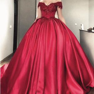 Arabic Dubai Dark Red Ball Gown Wedding Dresses Off The Shoulder V-Neck Satin Bridal Gowns Lace Appliques Beaded Long Bride Dress Corset Plus Size Robe De Mariee