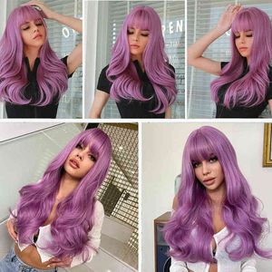Długa fioletowa peruka z grzywką Naturalne syntetyczne włosy falowe dla kobiet codziennie impreza Coplay Heat Reitant Fibre Fahion 220622