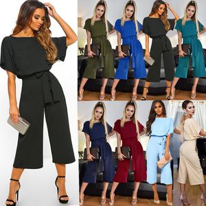 Women's Jumpsuits & Rompers Women Bandage Short Sleeve Jumpsuit Summer Fashion Elegant O Neck Bodycon Playsuits Wide Leg With Belt Overalls