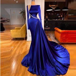 Vestidos Noche Largos Modest Suknie Wieczorowe Długie Rękawy Royal Blue Zroszony Luxury Formalne Party Suknie Kobiety Robe de Soiree