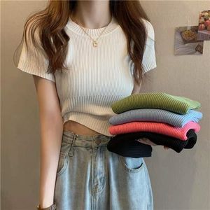 韓国のファッションスリムな薄いタートルネック半袖Tシャツ夏ニットトップスプリングベースシャツw220422
