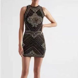 2022 Kvinnor Summer Tweed Dresses Designer Dress With Metal Beads Milan Runway Designer Tank Crop Top T-shirt Kläder High End A-Line Pullovers Vest