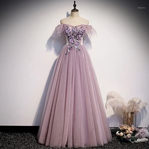 Abiti da festa Elegante bellissimo abito da sera Sweetheart Ruffles Maniche ad aletta Applique Tulle A-Line Lunghezza pavimento Abiti da ballo di fine anno