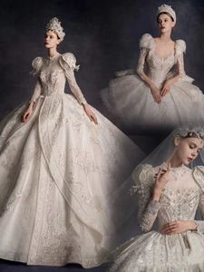 Luxuriöse Ballkleid-Brautkleider, Juwel, lange Ärmel, Organza, Pailletten, Stufenröcke, Applikationen, Spitze, arabische Hochzeit, Brautkleider, Kristall, Vestidos de Novia