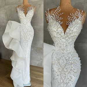 Lüks İnciler Mermaid Plaj Gelinlik Boncuklu Kristaller Dantel Sheer Jewel Boyun Sizli Gelin Gowns Robe De Mariée