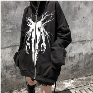 Men's Hoodies Sweatshirts Dark Trend Print Zipper Cardigan Jacket Fleeces Couple Sweater Spring Autumn Street Casual Loose Large Size Hem lace-up Hoody Jackets