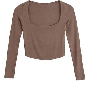 TRAF Women Sexy Fashion Fitted Cropped Ribbed Knitted T-Shirt Vintage Square Collar Long Sleeve Female Tops Mujer 220321