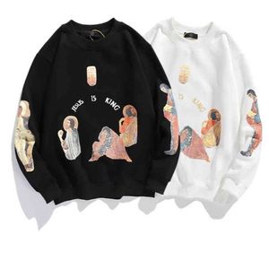 New Deisigner Kanyes Smiley Face Graffiti Kids See Ghosts Full Foaming European And American Black Loose Versatile Round Neck Short Sve Men's And Women's Hoodie