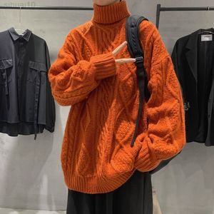 Orange Sweater Men Turtleneck Men High Neck Cable Knit Sweater Harajuku Vintage Hip Hop Streetwear Jumpers Men Clothing L220801