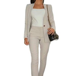 Women's Two Piece Pants Beige Women Bussiness Suit Jacket One Button Notched Lapel Slim Lady Blazer Trouser Set Office Female ClothingWomen'