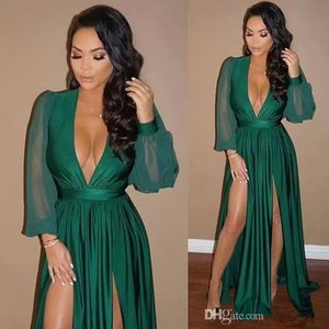 Chiffon Summer Emerald Green Arabic Evening Dresses A Line Sexy Front Slit Satin V Neck Long Sleeves Plus Size Formal Prom Party Gowns 328 328
