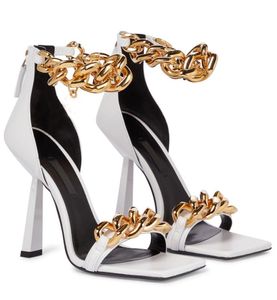 Elegant design medusi sandaler skor kvinnors gyllene kedja party bröllop klänning ankel strappy high klackar blomma strass lady pumpar u35-43.shoebox