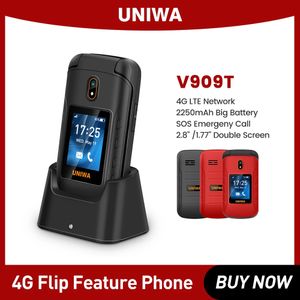 Olåst UNIWA V909T 4G Flip-telefon FM-radio Stort tangentbord Clamshell Mobiltelefon Stor tryckknapp Dual Screen Mobiltelefon för gamla människor