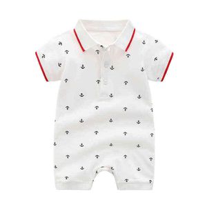 2021 Verão Novo Estilo Algodão Boy Bebê Bonito Polo Collar Navy Impressão one-peça Romper AA220323