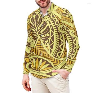 Camisas de vestido masculinas 6XL Polinésia Tribal Print Yellow for Men Fall Slave Long Slave Camisa de poliéster personalizada Button Down Down Menmen's