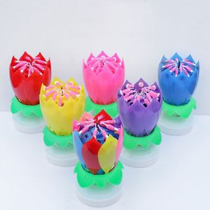 Party Cake Candle Musical Rotating Lotus Flower Candle Light Happy Birthday DIY Cake Decoration Wedding Party Gifts