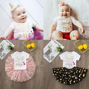 Half Way To One Birthday Party Dress Tutu Cake Outfits Infant Baby Girls Pink Cute Set Summer Short Sleeve Clothes Suit