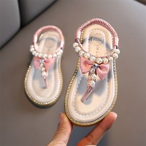 Summer Casual Children Pearl Sandals Kids Girls Pärled Bow Princess Flats Student Nonslip Baby Flipflops Beach Shoes 220615