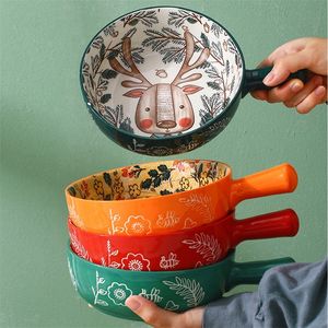 Nordic Ceramic Salad Bowl With Handle Breakfast Cereal Fruit Bowl Solid Color Dessert Soup Noodle Bowl Microwave Oven NJ71520 220408