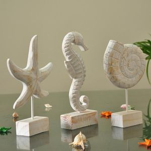 Dekorativa föremål Figurer Mediterranean Style Trähantverk Starfish Conch Hippocampus Wood Carving Marine Home Decor #WodeCorative