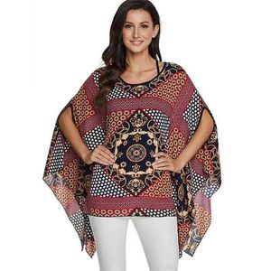 Bhflutter Blouse Plus Size Masowe Koszule Koszule Kwiat drukowania Batwing Casual Szyfonowa Koszula Kimono Summer Tops 210401