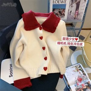 Koreli Tatlı Peter Pan Yakası Kalp Düğmesi Hardigan Sweater Moda Hit Renk Uzun Kollu Örme Kazak Sevimli Gevşek Kadınlar Top 220816