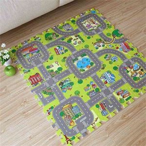 9pcs Baby EVA foam puzzle play floor matCity Road Education and interlocking tiles and traffic route ground pad no edge 210402