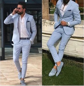 Light Sky Blue Slim Fit Mens Prom Suit Notched Lapel Groomsmen Beach Wedding Tuxedos For Men Blazers 2 Pieces Jacket Pant