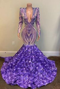 Lila Lavanta Mermaid Abiye 2022 Balo Sparkly Pullu 3D Çiçekler V Boyun Uzun Kollu Afrika Siyah Kız Örgün Balo Kıyafeti EE