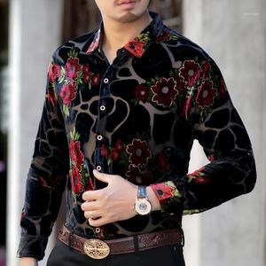 Designer silke röd gul blomma skjorta transparenta män sexig spets se genom Chemise Homme Fancy Proms Men's Casual Shirts