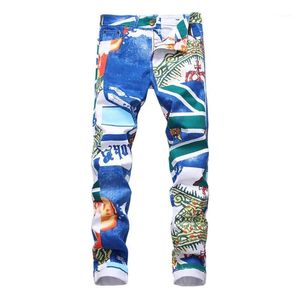 Men's Jeans Fashion Brand 3D Pattern Slim Skinny Printed Blue White Stretch Denim Pants Teenagers Over Flowers