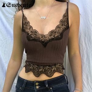 Suchcute Goth Estetyczna Koronka Patchwork Tank Topy Dla Kobiet Sexy V-Neck Brown Retro Crop Tops Lato Moda Casual Camisole 220407