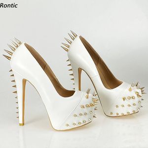 Rontic Handmade Women Platform Pumps Matt Sexy Studded Stiletto Heels Round Toe Pretty White Pink Red Cosplay Shoes US Size 5-14